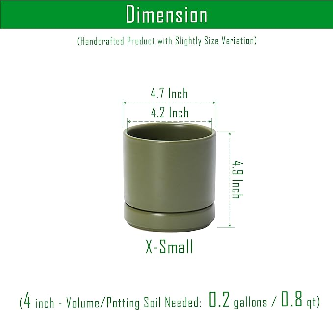 D'vine Dev Set of 4 Small Ceramic Plant Pots, 4.7 Inch Succulent Planter Pot for Plants with Drainage Hole and Saucer, Olive, 94-X-B-0