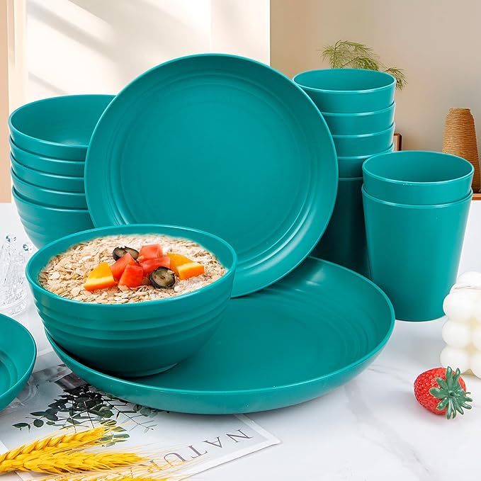 LIYH 48 Pcs Green Wheat Straw Plates and Bowls set - Plastic Dinnerware Set - Dishwasher Safe Camping Plates Dishes Set for 12, Unbreakable Wheat Straw Plate Bowls Reusable 12 Guests