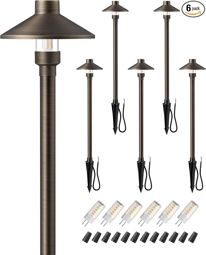 EDISHINE Solid Brass Low Voltage Landscape Lighting, 22" Tall 6" Shade with G4 Bulbs, 12V 350LM 3000K Heavy Duty Outdoor Landscape Path Light, Waterproof Bronze LED Pathway Lights Wired, 6 Pack