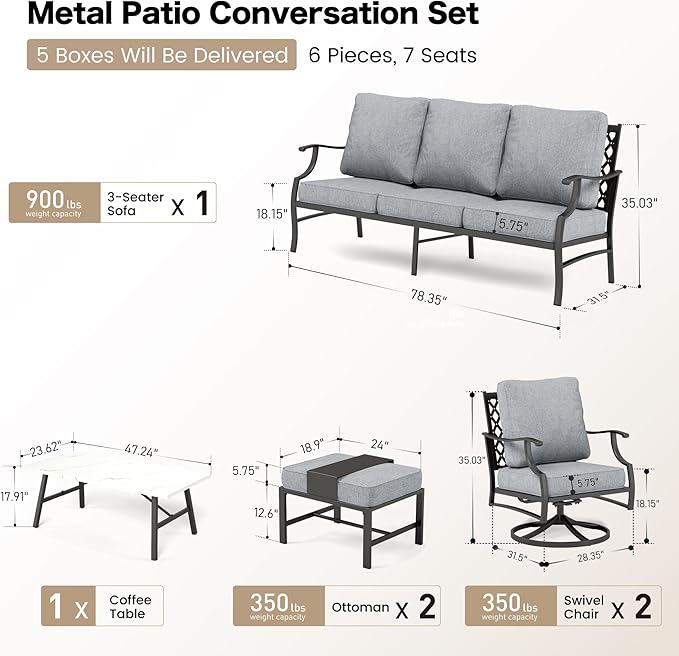 6 Piece Metal Outdoor Patio Furniture Set, Patio Conversation Sets 1 3-seater Sofa, 2 Swivel Chair, 2 Ottomans with 5.75" Thick Cushion and Coffee Table, Black Backyard Furniture, Gray