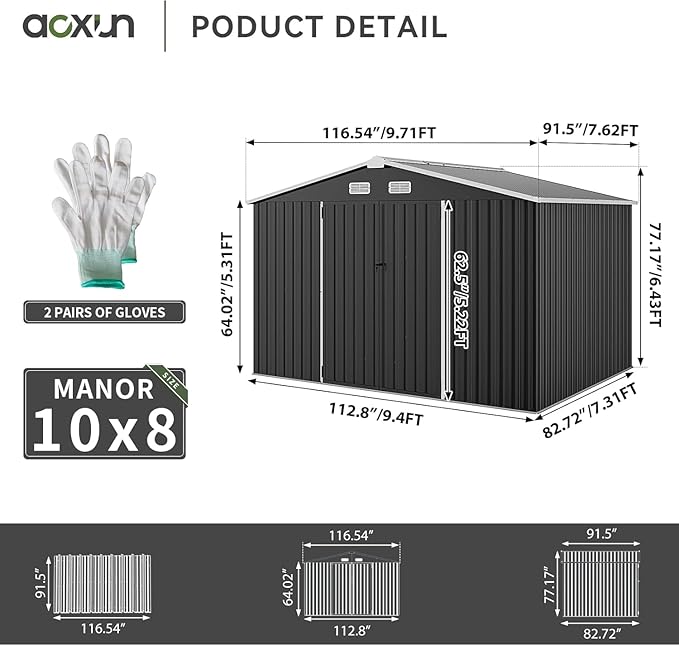 Aoxun 10 x 8FT Outdoor Storage Shed with Double Hinged Large Door Utility Garden Shed with Lockable Door & Sloped Roof Metal Sheds Outdoor Storage for Garden, Backyard, Patio and Backyard, Black