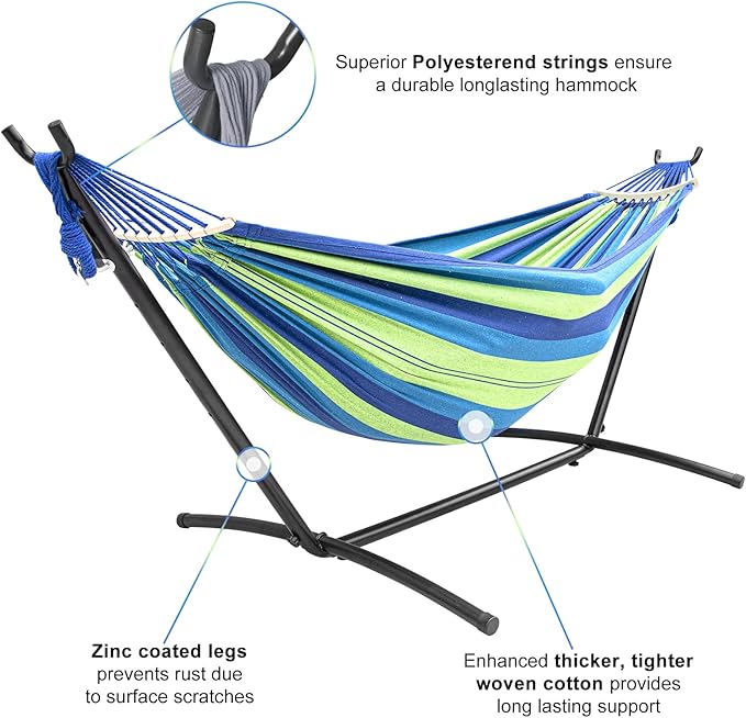SZHLUX Double Hammock with Stand Included 450lb Capacity Steel Stand, Premium Carry Bag Included.Indoor Outdoor Brazilian-Style Cotton Bed for Backyard, Camping,Garden,Green