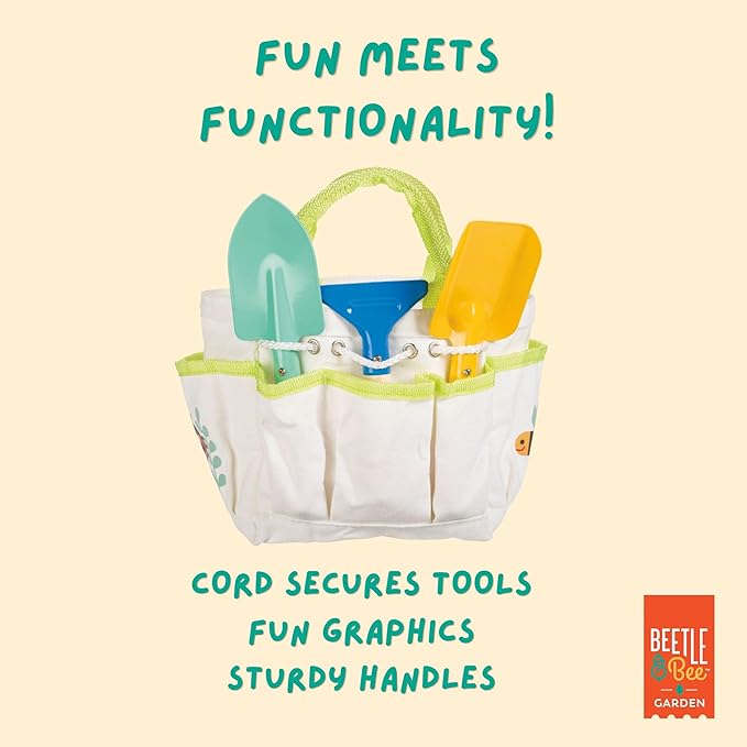 Beetle & Bee Kids Garden Tote Kit – Durable, Easy-to-Clean Gardening Tools Set - Includes Canvas Tote Bag, Hand Rake, Shovel & Trowel - Perfect Toddler Gardening Set