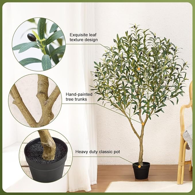 Olive Tree Artificial – 5ft Faux Olive Tree with UV Resistant Leaves - Tall Fake Plant in Pot, Large Floor Plants for Indoor & Outdoor, Living Room, Office, Modern Home Decor, VN126