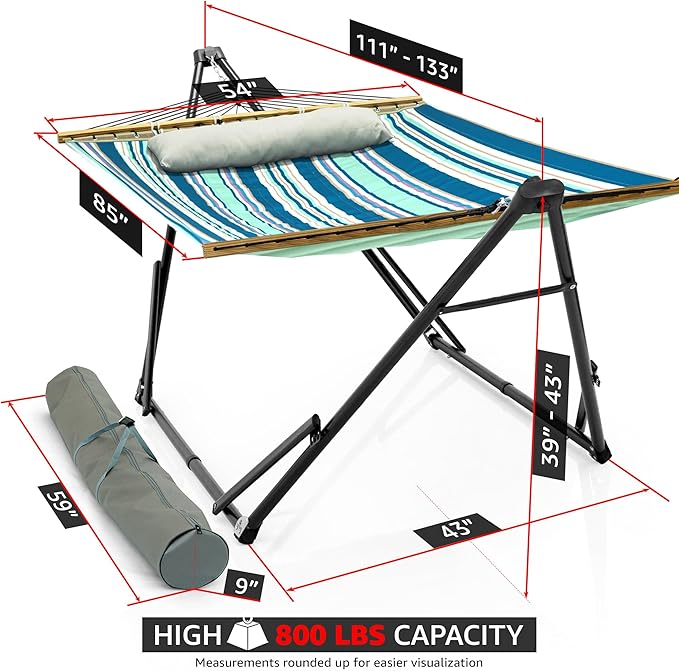 Tranquillo Unity Adjustable Hammock Stand, 800 lbs Capacity Steel Double Hammock Stand for 2 Persons, Premium Pre-Assembled Stand for Indoor Outdoor, Blue Leaf