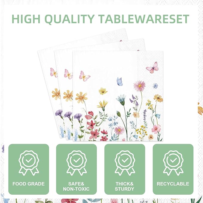141Pcs Wildflower Party Decorations Spring Floral Birthday Decorations for 20 Guests - Tableware Plates and Napkins Forks Cups Straws Tablecloch for Baby Shower Party Decorations