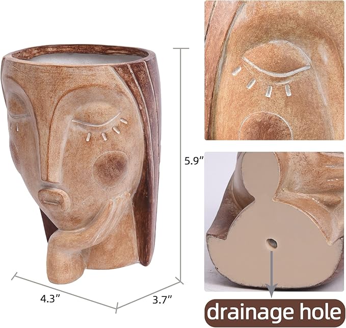 Head Planters for Indoor Plants, Face Flower Pot Head Planter Succulent Planters Unique Face Planter with Drainage Hole - Rustic Thinking Girl Closed Eyes