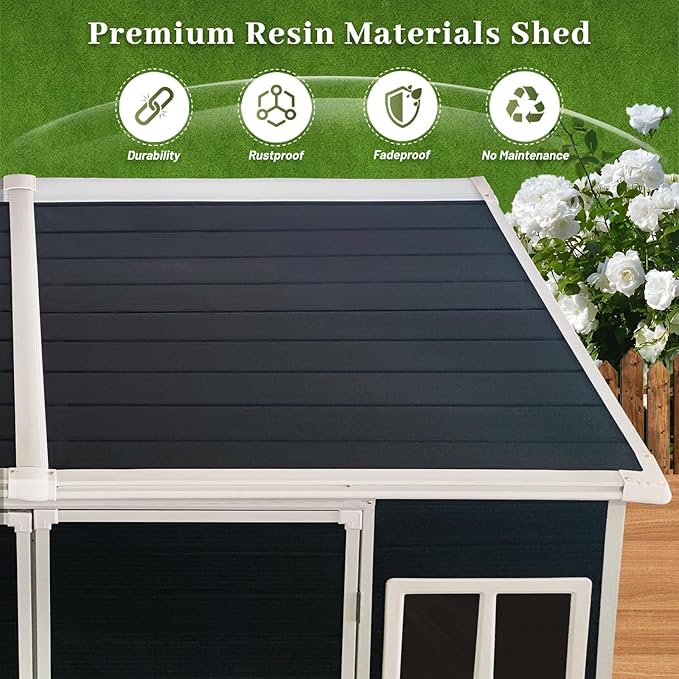 8x4ft Resin Outdoor Storage Shed with Floor and 2 Windows, Plastic Sheds & Outdoor Storage Clearance for Patio Furniture,GardenTools, Bike Accessories and Lawn Mower, Carbon Black
