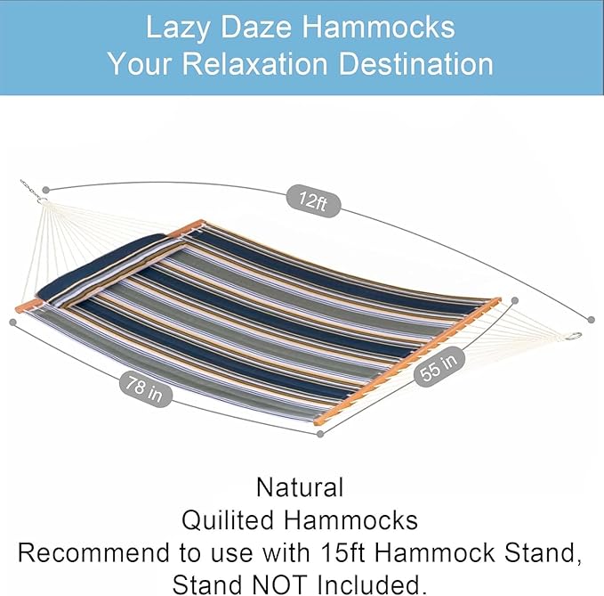 Lazy Daze 12 FT Quilted Fabric Hammock with Spreader Bar, 2-Person Double Hammock for Outside Patio Poolside Backyard Beach, 450 lbs Capacity, Forest