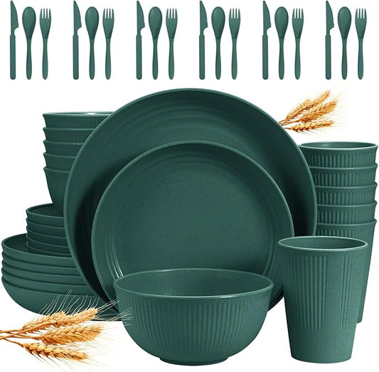 Wheat Straw Dinnerware Sets for 6 (42pcs), SGAOFIEE Plastic Plates and Bowls Sets, Dinner Plates, Pasta Bowls, Cereal Bowls, Microwave Dishwasher Safe Plates and Bowls Sets, Camping Dishes, Green