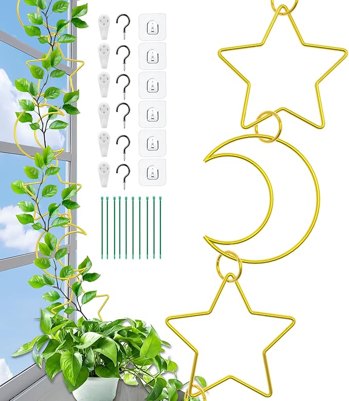 20 Pcs Plant Trellis for Climbing Plants, Chain Trellis, Garden Plant Wall Trellis, Vine Support Houseplant Accessories for Monstera, Pothos, Ivy, Climbing Plants Indoor Outdoor (Gold Moon and Star)