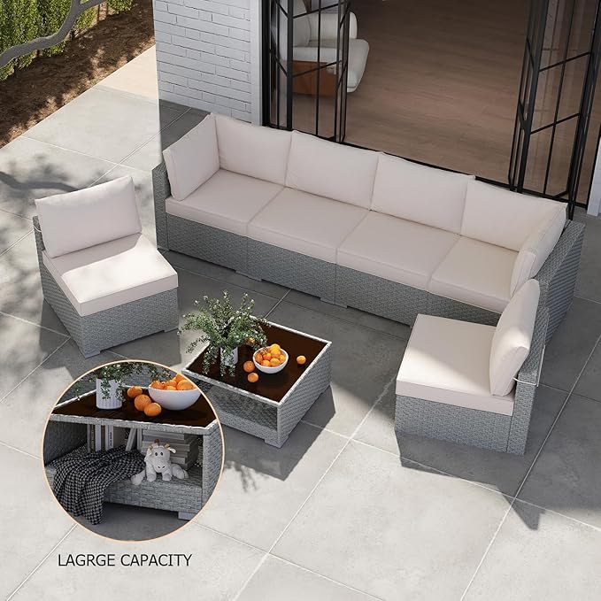Patio Furniture Set 7-Piece, All-Weather Outdoor Conversation Set Sectional Sofa with Water Resistant Grey Thick Cushions and Coffee Table（Khaki）