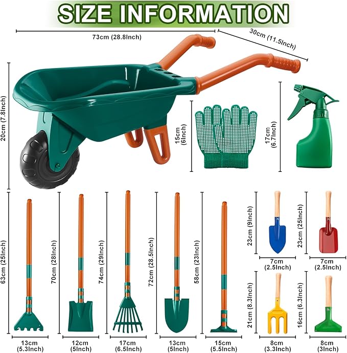 Kids Gardening Set-12 PCS Kids Gardening Tools Wheelbarrow Set with Shovel, Leaf Rake, Gloves, Spray Bottle-Toddler Gardening Set Play Outdoor Educational STEM Learning for Boys Girls Age 3 4 5 6 7 8+