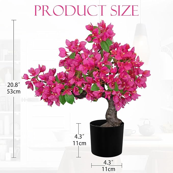 Briful Artificial Bougainvillea Flower Plant 20.8" Bougainvillea Bonsai Tree with Black Pot Silk Bougainvillea Floral Centerpiece for Home Office Dining Table Shelf Bathroom Decor(Hot Pink)