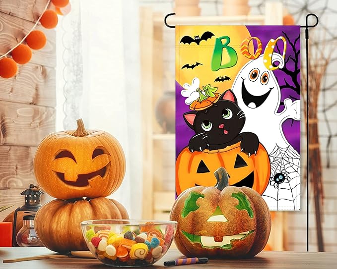Halloween Boo Garden Flag Vertical Double Sided Ghost Home Decoration, Jack O'Lantern Pumpkin Colorful Cute Holiday Yard Outdoor Decoration 12 x 18 Inch