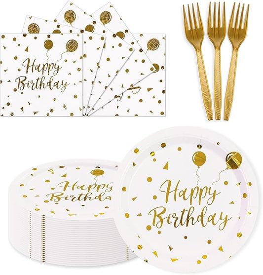 150PCS Happy Birthday Paper Plates and Napkins - 7 Inch White Gold Dot Paper Plates and 6.5 Inch Napkins with 6.3 Inch Gold Forks Disposable Tableware Set for Birthday Party Decorations, Serves 50