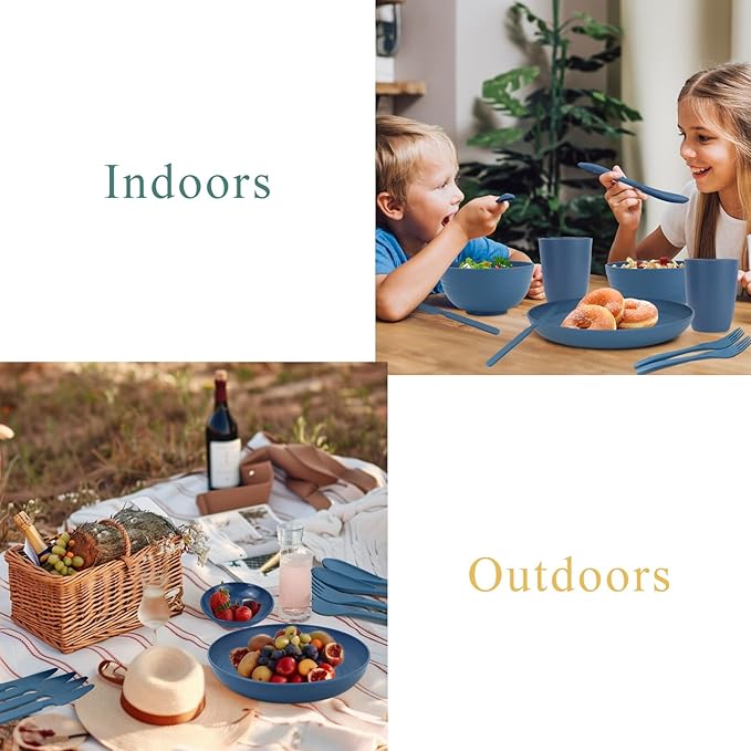 Wrova Wheat straw plates and bowls sets with cutlery - Unbreakable wheat straw dinnerware sets - Dishwasher safe plates,bowls,cups for apartment.Blue