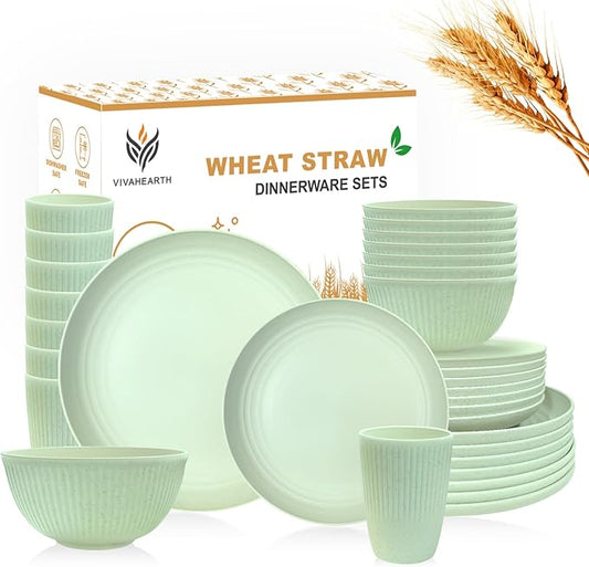 Wheat Straw Dishes Set for 8, Dinnerware Sets 32 piece, Unbreakable Plates, Bowls, Cups Sets for Kitchen Parties Camping RV - Green