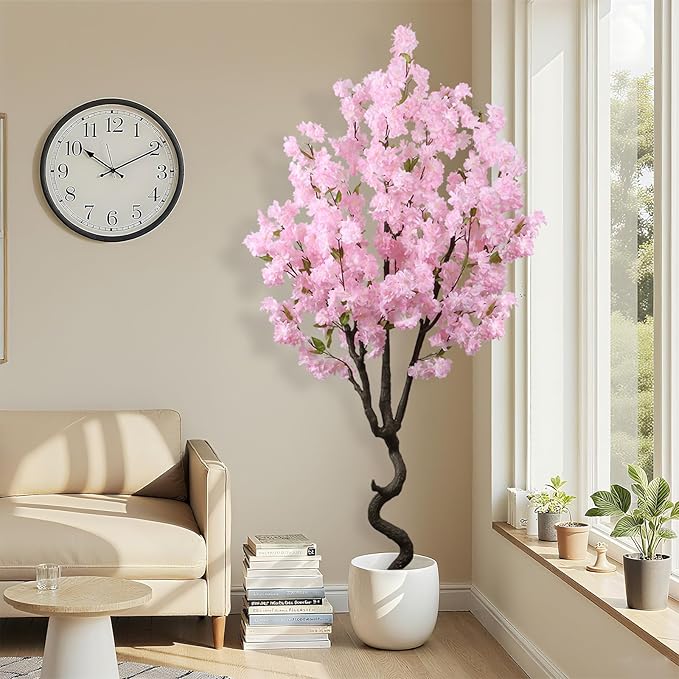 Faux Pink Cherry Blossom 5.5ft(67in) Tall Artificial Plant Indoor Decor Natural Realistic Fake Cherry Blossom Tree for Wedding Party Sakura Plant in Pot for Home Living Room,Office,Outdoor Decor