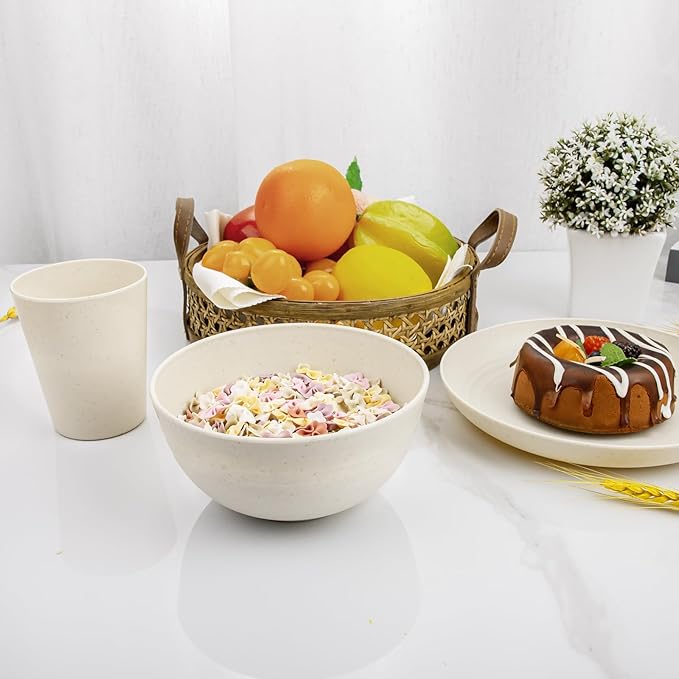 Rubtlamp 24 Pcs Wheat Straw Dinnerware Sets, Unbreakable Reusable Plastic Wheat Straw Bowls & Plates Dinner Set, Microwave And Dishwasher Safe Plates, 12Plates, 6Bowls, 6Cups for Party(Beige)