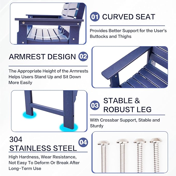 Outdoor Bench Weatherproof - HDPE 2-Person Garden Bench with Cup Holders, Bench Furniture with Backrest and Armrests, 700 lbs Capacity, Patio Park Bench for Front Porch Backyard Park (Blue)