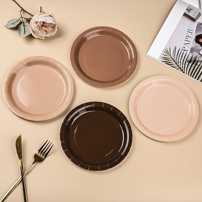 24Pcs Brown Paper Plates Gradient Brown Party Plates 4 Colors 7”Disposable Round Dessert Plates for Birthday Holiday Thanksgiving Gathering Party Supplies