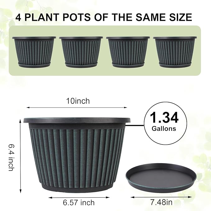 Planter-Pots-for-Plants-Indoor-Outdoor, 3 Pack 10 Inch Plastic Flower Pots with Saucer & Drainage Holes, Modern Garden Planters for Planting Medium Large Plants，Decorative Resin Garden Pots