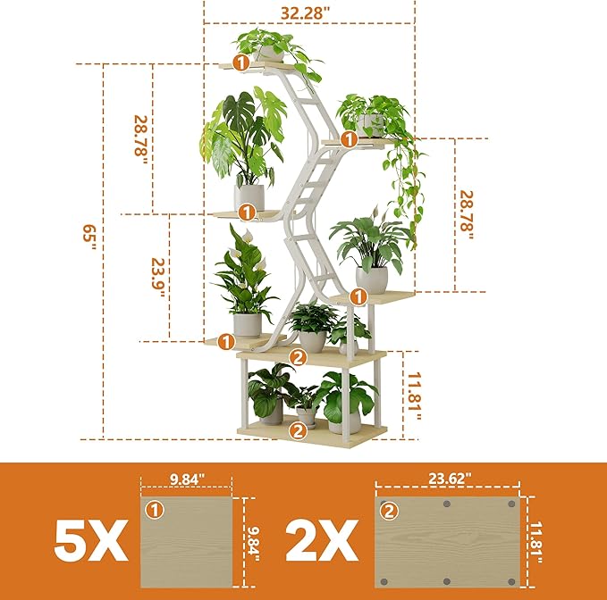White Plant Shelves with Grow Lights: 7-Tier 65" Tall Stand for Indoor Corners, Living Room Display or Bedroom Gardening Rack