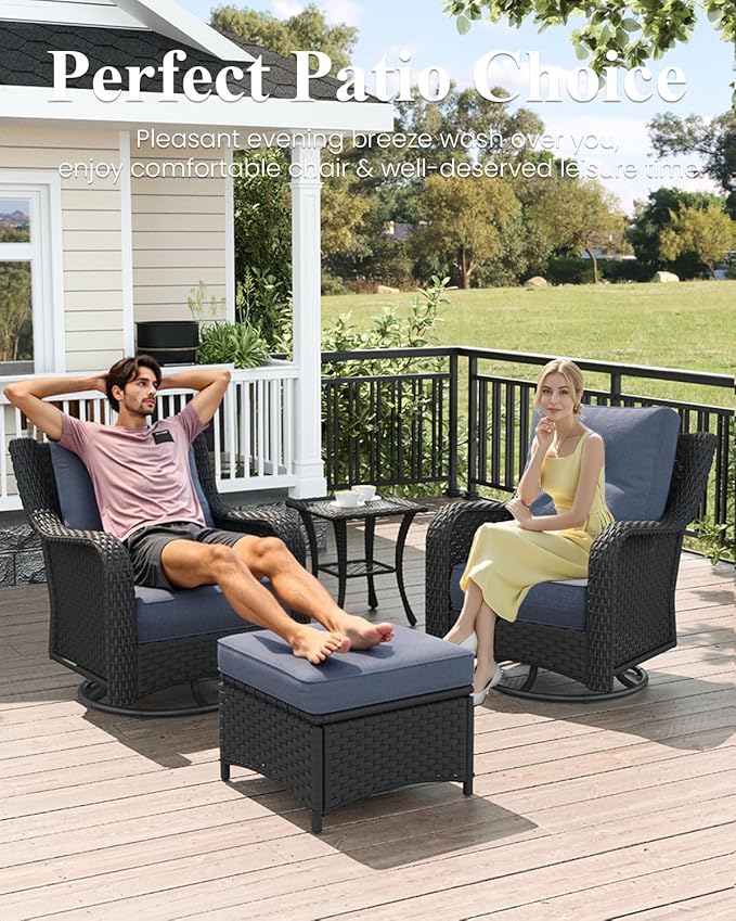 LayinSun 5 Piece Wicker Outdoor Furniture Set with 6-inch Comfy Cushions, High Back Patio Furniture Set with Swivel Rocking Chairs and Fire Pit Table
