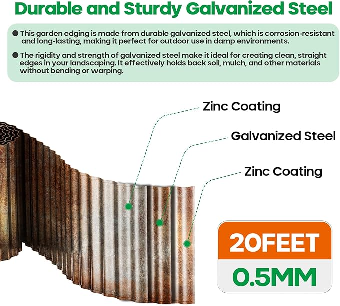 Corrugated Metal Garden Edging, Sturdy Tall Landscape Edging Borders, Perfect DIY for Flower Beds, Lawn and Pathway, Tree Surrounds, Paver Edges (Pre-Rusted, 6"×20FT)