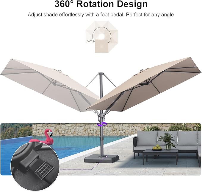 PURPLE LEAF 8' X 8' Swivel Outdoor Patio Aluminum Umbrella with Base Left-right Tilting Cantilever Offset Umbrella with UV Resistant Heavy Duty Fabric for Deck Pool Patio Backyard, Sand Dune
