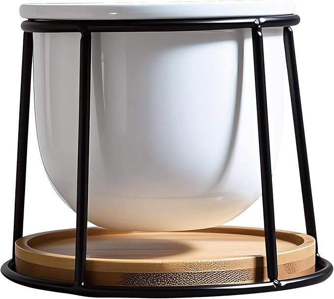 Floating Style Small Succulent Pots-3.7 Inch with Drainage and Tray, Cactus Pot, White Modern Indoor Ceramic Plant Pots (White 1)