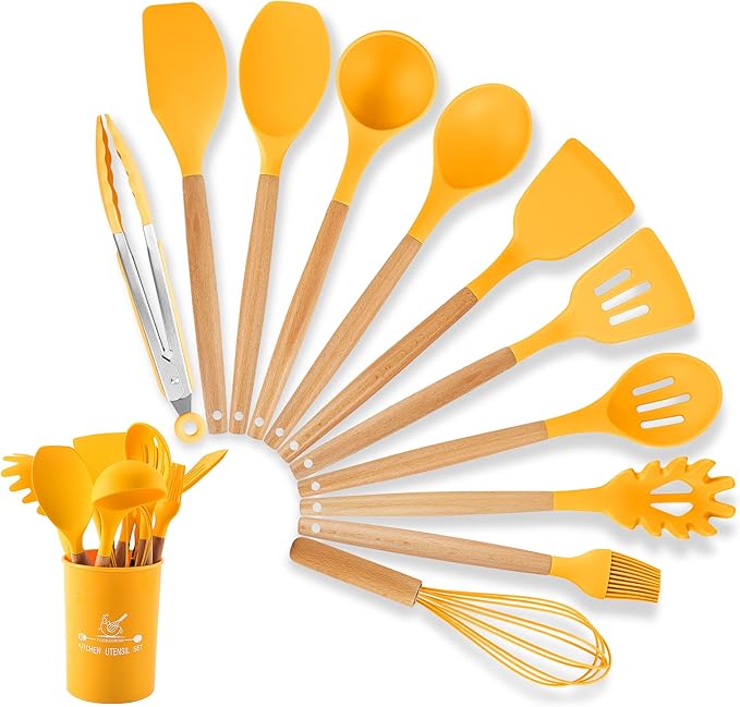 Silicone Cooking Utensils, 12 Pcs Kitchen Utensil Set 446°F Heat Resistant,Turner Tongs Spatula Spoon Brush Whisk with Wooden Handles, Blue Kitchen Gadgets Tools Set for Nonstick Cookware (BPA Free)