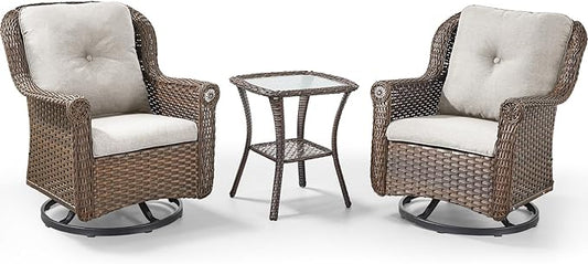 3 Piece Patio Swivel Chairs and Side Table Set - High Back Outdoor Brown Wicker Rattan Rocking Glider with Thick Cushions for Porch Apartment Deck Yard Poolside Garden - Beige
