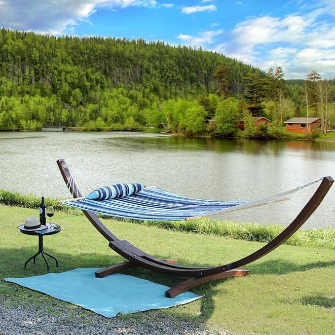 Lazy Daze Hammocks 12FT Quilted Fabric Hammock with Pillow, Double 2 Person Hammock with Spreader Bar for Outdoor Outside Patio Garden Yard Pool Beach,450lbs Weigh Capacity QFH034