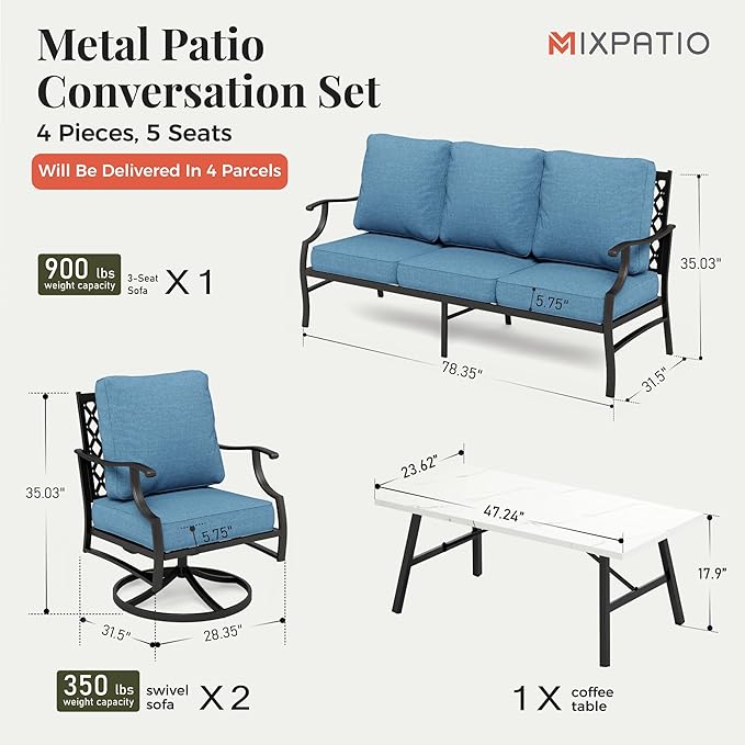 Patio Furniture Set 4 pcs, Metal Outdoor Patio Furniture, 3-Seat Sofa, 2 Swivel Chairs, Coffee Table and 5.75" Extra Thick Cushion, Conversation Set for Backyard Deck, Navy Blue