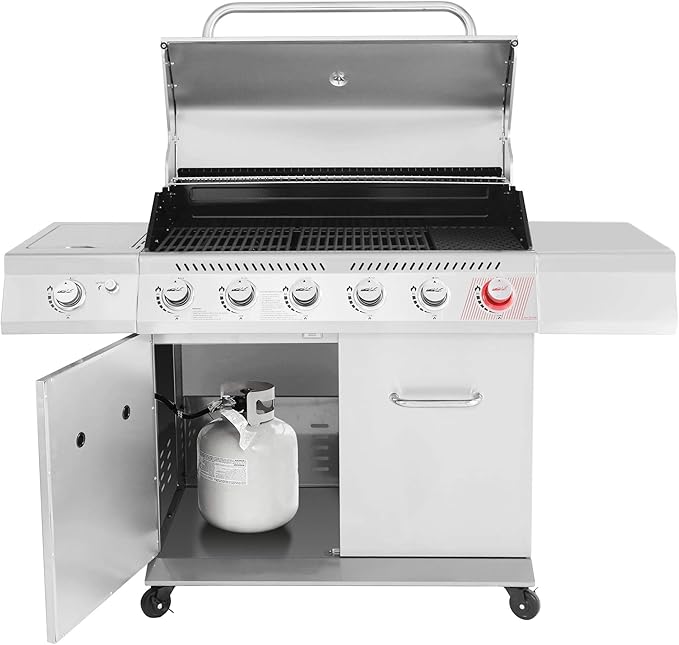 Royal Gourmet GA6402S 6-Burner Propane Gas Grill with Side Burner and Warming Rack, 74,000 BTUs, Cabinet Style Outdoor BBQ Grill for Barbecue Grilling & Backyard Cooking, Silver