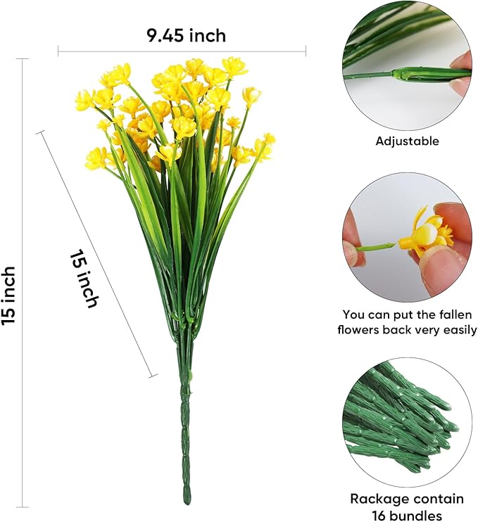 Artificial Fake Flowers, 16 Bundles Outdoor UV Resistant Greenery Shrubs Plants Indoor Outside Hanging Planter Home Garden Decorating (Yellow-Daffodil)