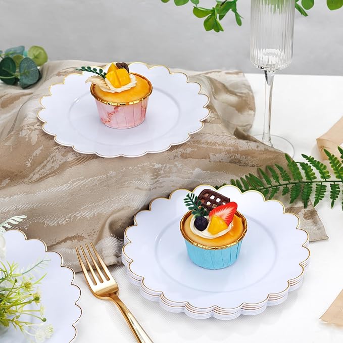 SUT 72Pcs Plastic Plates-7.5inch White Dessert Plates with Gold Trim, White Disposable Plates, Disposable Plates,Fancy Plastic Plates, Heavy Duty Plastic Plates for Wedding & Parties