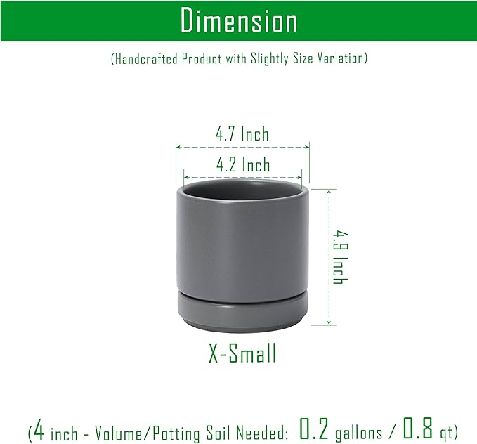 D'vine Dev Set of 4 Small Ceramic Plant Pots, 4.7 Inch Succulent Planter Pot for Plants with Drainage Hole and Saucer, Grey, 94-X-B-3