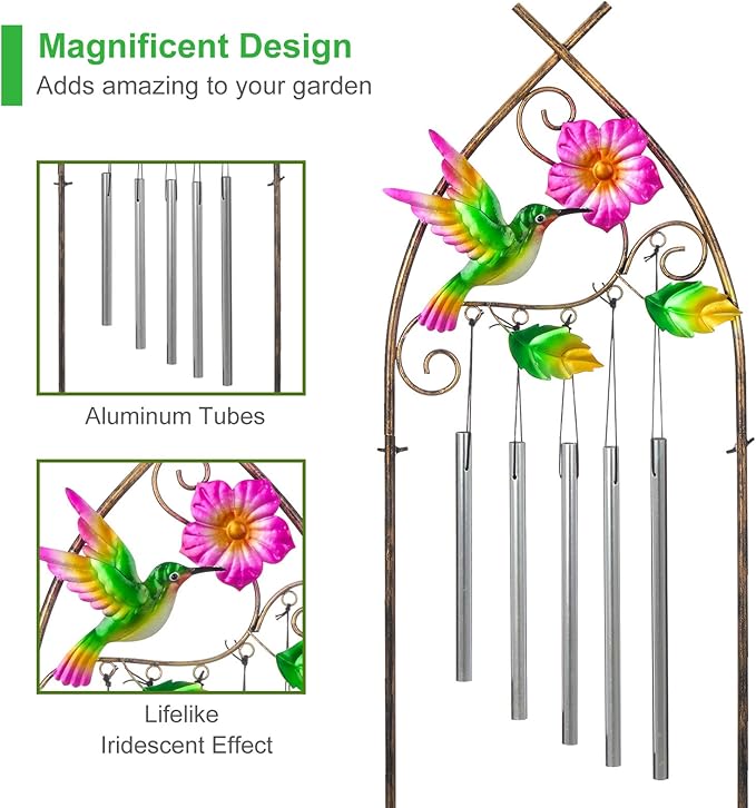 Plant Stands with Garden Trellis, 48” Metal Standing Wind Chimes Plant Pot Trellis with Hummingbird for Garden Patio Backyard Climbing Plants Outdoor Decor