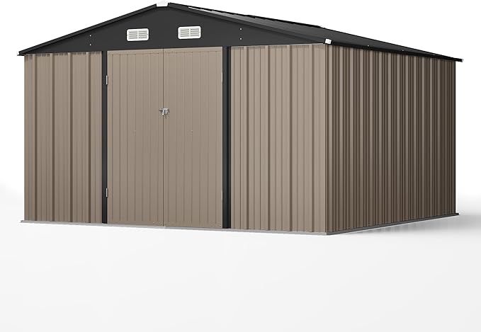 Patiowell 10 x 10 FT Outdoor Storage Shed with Floor Frame, Metal Yard Shed with Design of Lockable Doors, Utility and Tool Storage for Garden, Patio, Backyard, Outside use, Brown