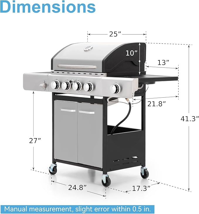 GREEN PARTY 4 Burner BBQ Propane Gas Grill with Side Burner & Porcelain-Enameled Cast Iron Grates, 545 SQIN Grilling Area 42,000 BTUs Barbecue Grill for Outdoor Cooking Garden Patio Backyard, Silver