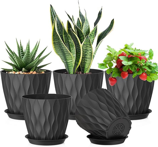 7 inch Plant Pots for Indoor Outdoor Plants, 5 Pack Thick Flowers Pots with Drainage Holes and Saucers, 3D Modern Wave Texture Plastic Planter Pots for House Plants, Black
