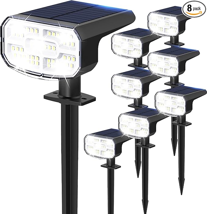 Solar Lights Outdoor Waterproof IP65, Super Bright LED, 6500K 2 Lighting Modes, Solar Powered Yard Garden Solar Spot Lights for Outside Landscape Auto On/Off -8 Pack