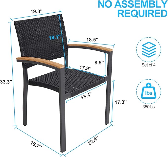 TRY & DO Patio Dining Chairs Set of 4,Outdoor Wicker Stackable Dining Chairs with Wooden Armrest PE Rattan Aluminum Frame Patio Furniture Sets for Garden, Balcony, Lawn and Indoors