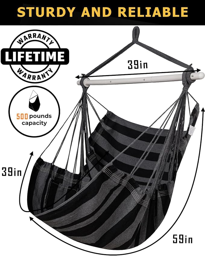 ADVOKAIR Hammock Chair Hanging Chair Swing Large Indoor with Anti-Slip Steel Spread Bar and Pocket-Max 500lbs-2 Cushions, Perfect for Bedroom,Outdoor,Patio, Porch,Backyard…