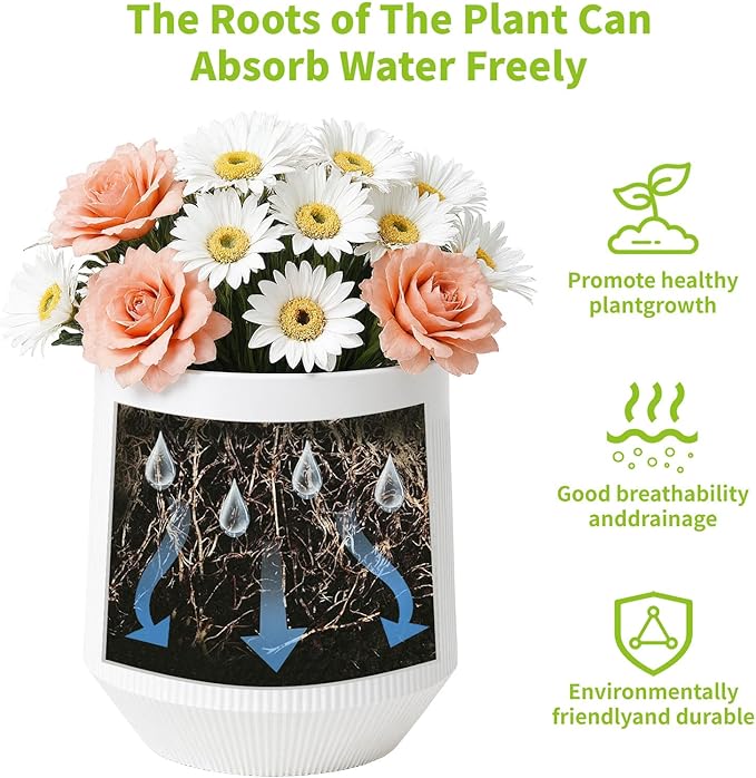 Plant Pots，Set of 3 Plastic Pots for Indoor Plants,Flower Pots Outdoor Planters with Drainage Hole and Seamless Saucer, White,Milky-Yellow,Gray