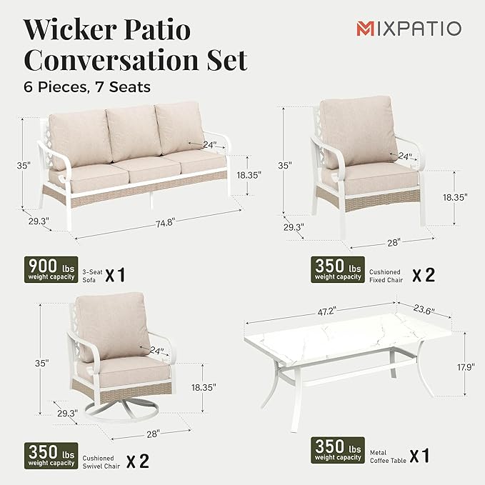 6 Piece Patio Furniture Set, 2 x Fixed Chair, 2 x Swivel Chair, 1 x 3-Seat Sofa with Marbling Coffee Table, All Cushioned Outdoor Conversation Set for Lawn Deck Backyard, Beige