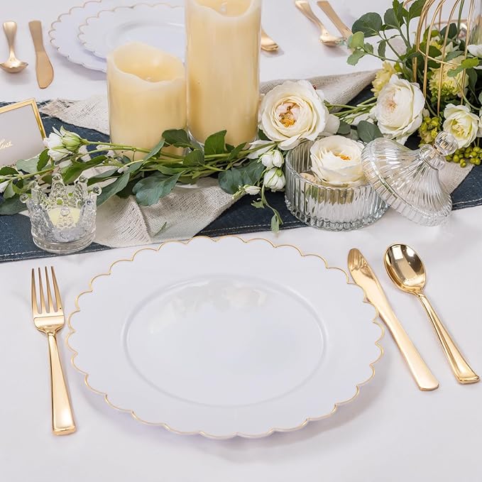 SUT 72 Pcs White Plates Disposable, White Plastic Plates With Gold Trim, 10.25 Inch Gold Dinner Plates, Fancy Plastic Plates, Plates Disposable Heavy Duty for Wedding, Parties, Banquets